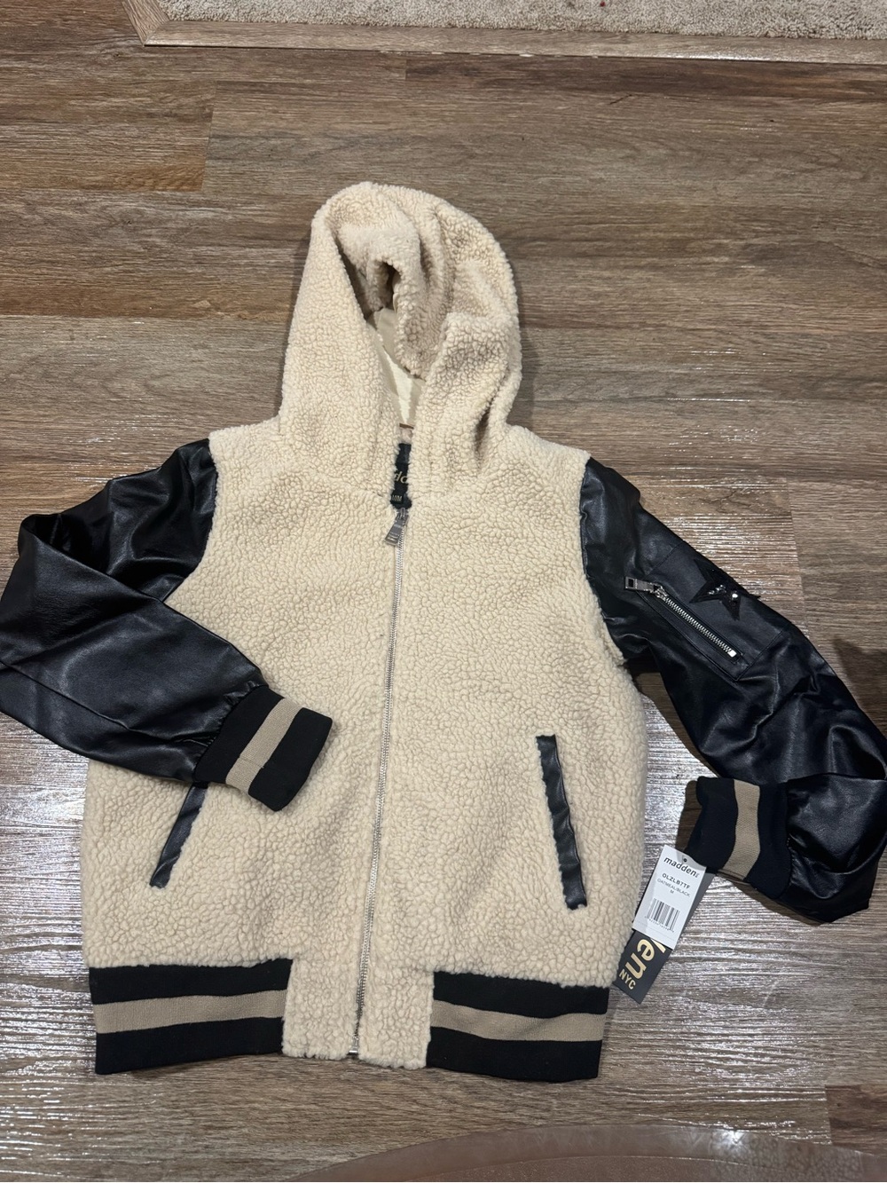 Steve Madden Cream Sherpa Teddy Jacket with Black Faux Leather Sleeves